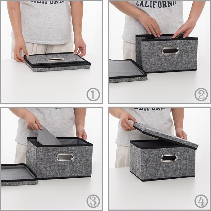 Storage Bins with Lids [3-Pack] Linen Fabric Foldable Storage Boxes Organizer Containers Baskets Cube with Cover for Home Bedroom Closet Office Nursery Grey（11.4X8.6X6.7