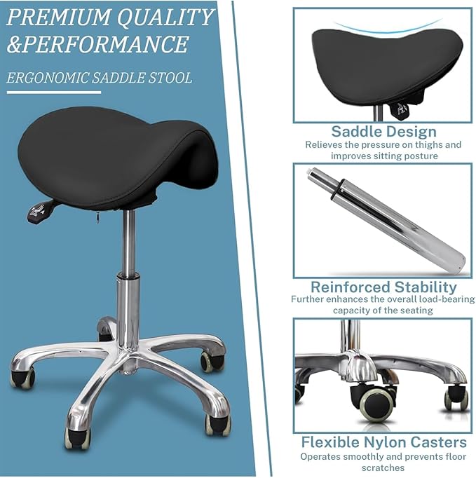 Saddle Stool with Wheels,Rolling Stool,Rolling Chair Ergonomic Swivel Rolling Chair with Hydraulic Lifting Height Adjustable Rolling for Office Medical Massage Salon Drafting(Black)