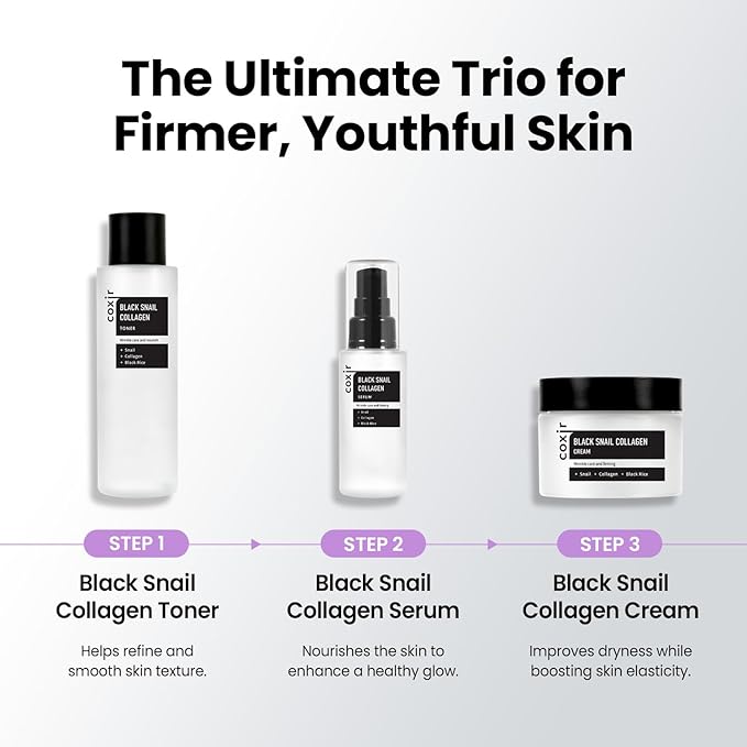 coxir Black Snail Collagen Serum – Concentrated Snail Mucin Essence for Skin Resilience, Hydration & Smooth Texture | Lightweight Korean Facial Serum for Daily Moisture Care(1.69 fl.oz)