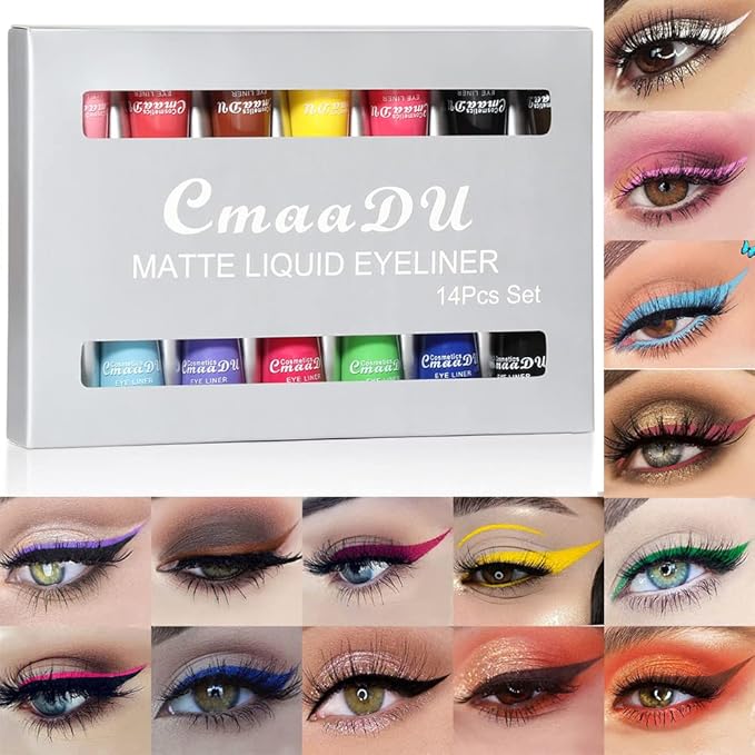 BONNIE CHOICE 14 Colors Liquid Color Eyeliner, Halloween Waterproof Matte Colored Eyeliners Smudge-proof Fluorescent Colorful Eyeline Face Body Paint Cosplay Valentine's Day Gifts for Women