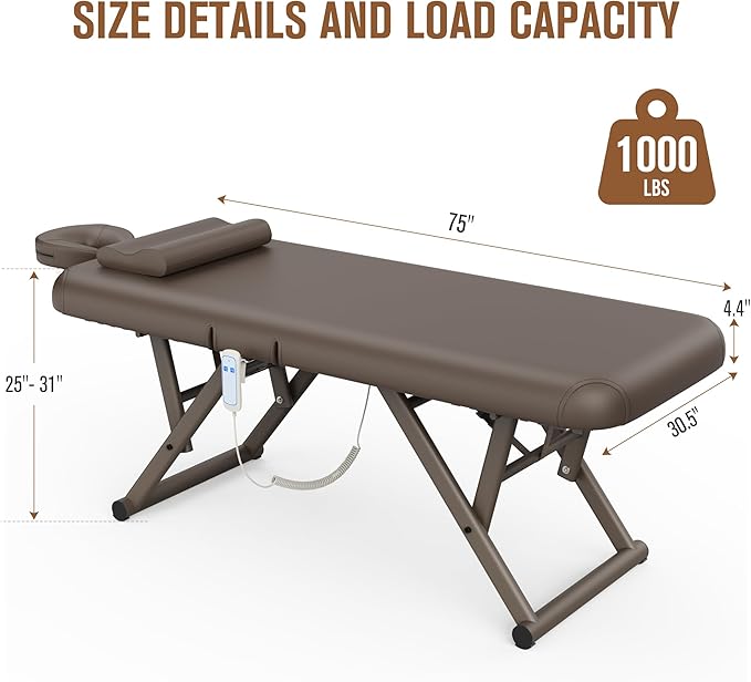 pouseayar Adjustable Massage Table with Face Pillow & Headrest, Silent and Easy to Adjust for Treatment Table Physical Therapy Table Spa Facial Bed - Adjustable Backrest, Electric Leg Lifting, Brown