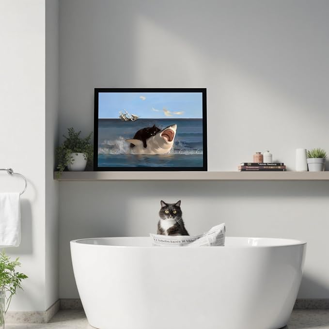 ICHZUMW Framed Funny Black Cat Biting Shark Ocean Canvas Wall Art 16x24 In | Quirky Cat Biting Shark Oil Painting, Humorous Bathroom Wall Decor, Bedroom Bar Man Cave Restroom Powder Room, Ready to Hang