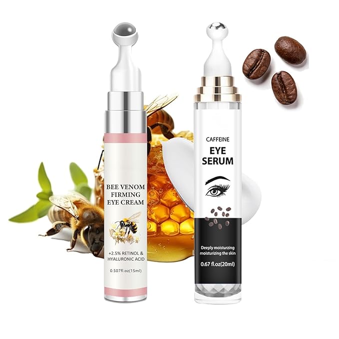 2-in-1 Eye Serum Set - Caffeine & Retinol Eye Cream + Bee Venom & Hyaluronic Acid Eye Serum, 360° Roller for Dark Circles, Puffiness & Fine Lines, Day & Night Duo