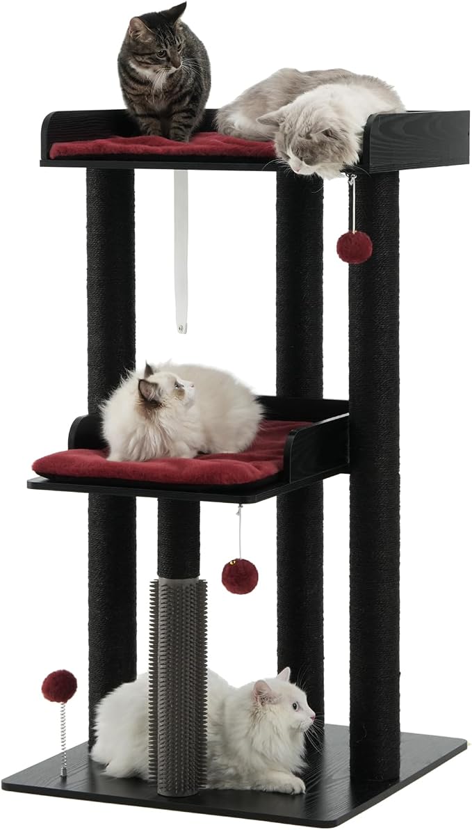 FourFurPets 43.7" Modern Cat Tree, Cat Tower for Large Cats, Wood Cat Tree | Maine Coon Cat Tree, Cat Tower with Scratching Post, Large Perch and Removable Pads, Black&Red