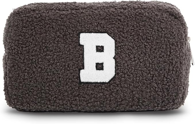 Cute Makeup Bag, Initial Cosmetic Bag, Fuzzy Makeup Bags for Women, Beauty Pouch with Chenille Letter, Personalized Cosmetic Pouch for Travel, Dark Grey B