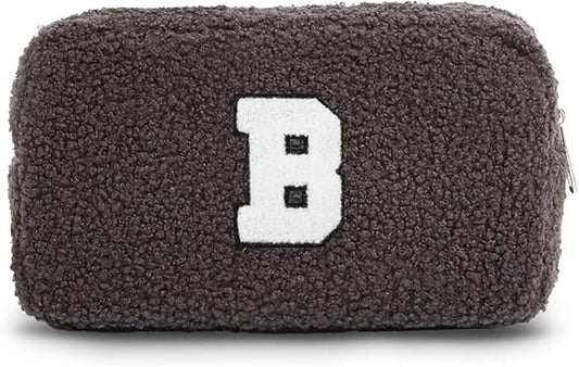 Cute Makeup Bag, Initial Cosmetic Bag, Fuzzy Makeup Bags for Women, Beauty Pouch with Chenille Letter, Personalized Cosmetic Pouch for Travel, Dark Grey B