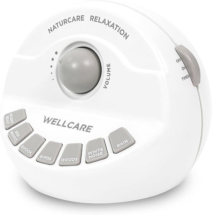 WELLCARE-Naturcare Sound Relaxation: White Noise, 7 Nature Sounds, Sleep Sound Machine, Calm Infants, for Baby, Kids, Adult. Stepless Volume, Timer, Powered by Adapter or Batteries(Both Not Incl.)