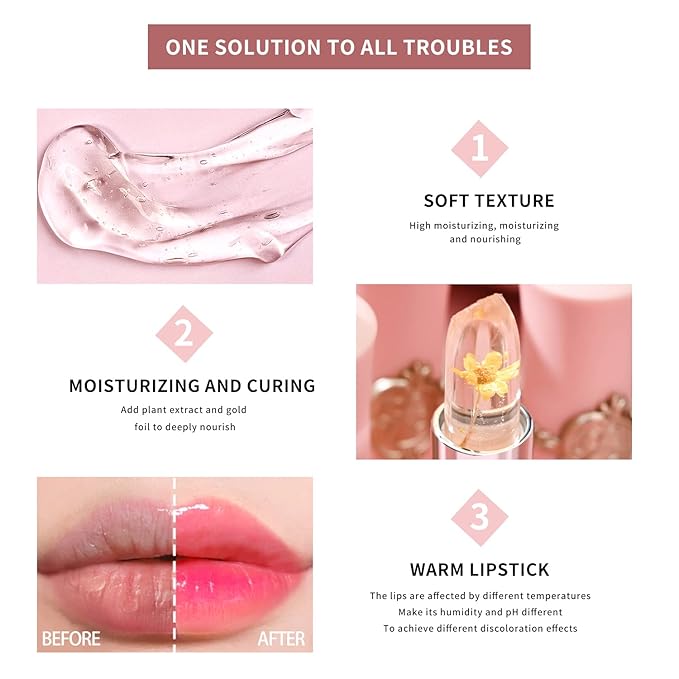 BestLand 3 Pcs/Set Flower Jelly Lipstick Set Temperature Change Moisturizer Long Lasting Nutritious Balm Magic Color Change Lip Gloss (Flower Jelly Lipstick 040506)