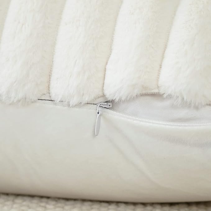 Soleebee Set of 2 Throw Pillow Covers Soft Cozy Velvet Pillowcase Faux Rabbit Fur Cover for Couch Sofa Bed Chair Home Decorative Pillows Cover (12x20 Inch, Beige White)