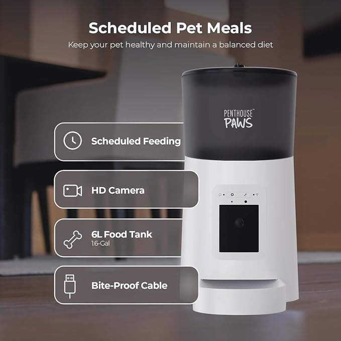 Smart HD Pet Feeder, 6L, White | 1080p Camera, 2-Way Audio, Voice Recording, Night Vision, Scheduled Meals, Backup Power, Easy to Clean, Anti-Jam Design