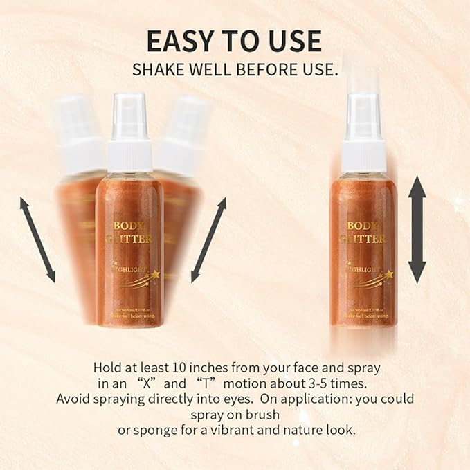 Body Glitter Spray Highlight, 4 Shimmering Color, Quick-Drying Formula Moisturizing Liquid Highlighter for Black/White Skin Women Men for Party, All Body Parts (# 04 Copper)