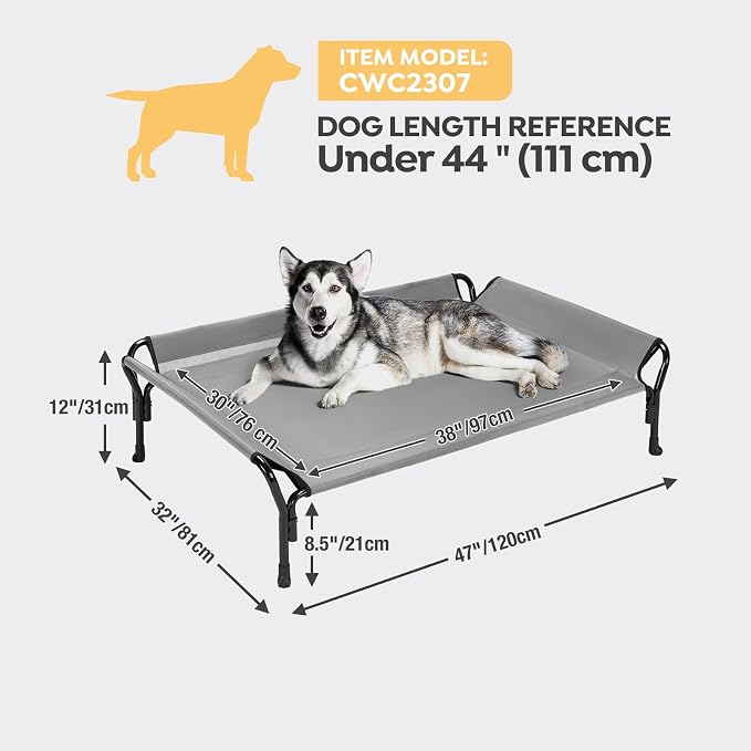 Veehoo Cooling Elevated Dog Bed, Raised Dog Cot with Guardrail & Headrest | Washable Dog Couch Bed for Indoor & Outdoor, Durable Breathable Teslin Mesh, Non-Slip Feet, Large 47" x 32", Grey