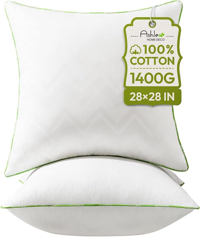 Ashler 28x28 Pillows Insert (Set of 2) - Throw Pillow Inserts with 100% Cotton Cover - 28 Inch Square Interior Sofa Stuffer Pillow Inserts -Decorative White Couch Pillow