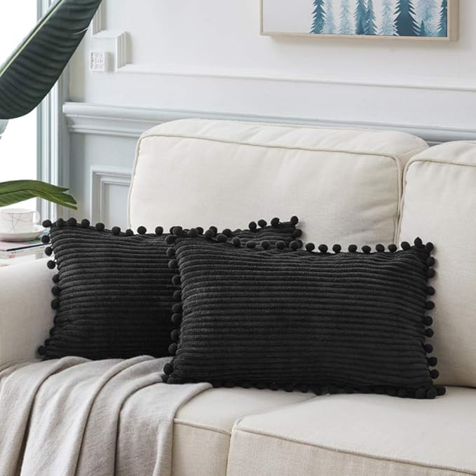 Fancy Homi 2 Pack Black Lumbar Decorative Throw Pillow Covers 12x24 Inch with Pom-poms for Couch Bedroom Sofa, Farmhouse Boho Home Decor, Soft Corduroy Solid Rectangle Cushion Case 30x60 cm
