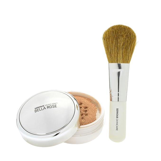 Serious Skincare BELLA ROSE PRO-MINERALS Loose Mineral Powder Makeup Foundation SPF 15 + Goat Hair Application Brush – Sheer to Full Coverage – Luminous Matte Finish – Men and Women - .50 oz   (Dark)