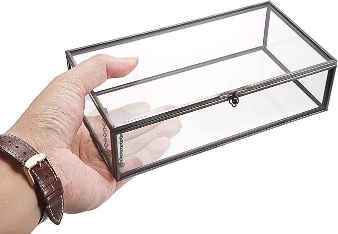 Hipiwe Glass Keepsakes Display Box with Lid - Decorative Black Glass Box | Clear Rectangle Storage for Trinket Perfume Cards Gift