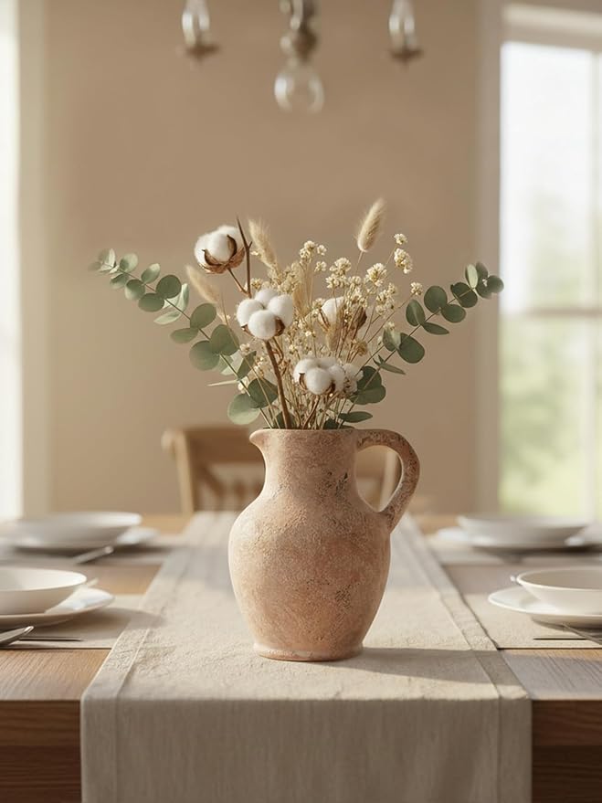 Kanwone Ceramic Flower Vase with Handle, Farmhouse Rustic Decorative Terracotta Vase for Home Decor, Centerpiece, Living Room, Kitchen, Table, Dining Room, Retro