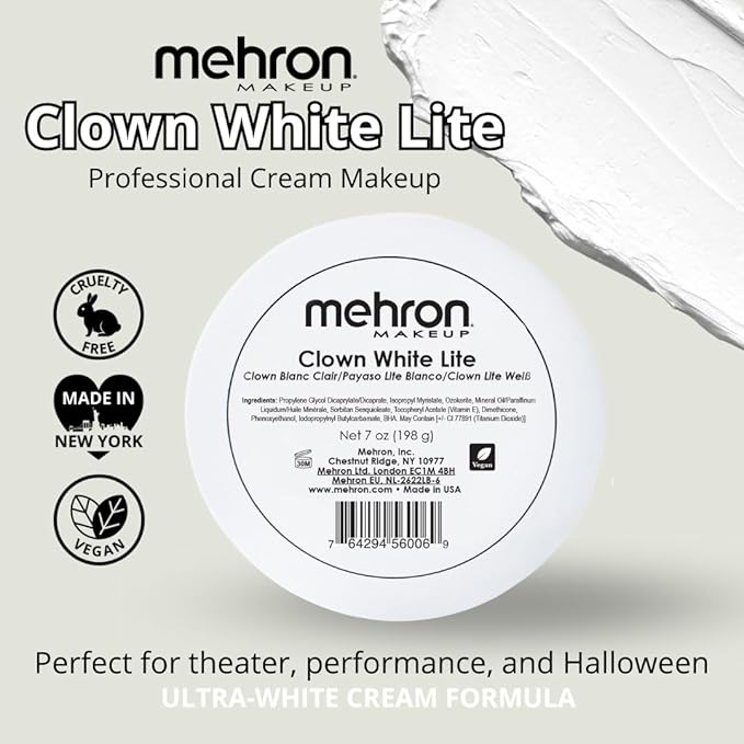 Mehron Makeup Clown White Lite | Professional Face Paint & Body Paint | White Cream Clown Makeup, Stage, Film, Cosplay, Mime, & Halloween 7 oz (198 g)