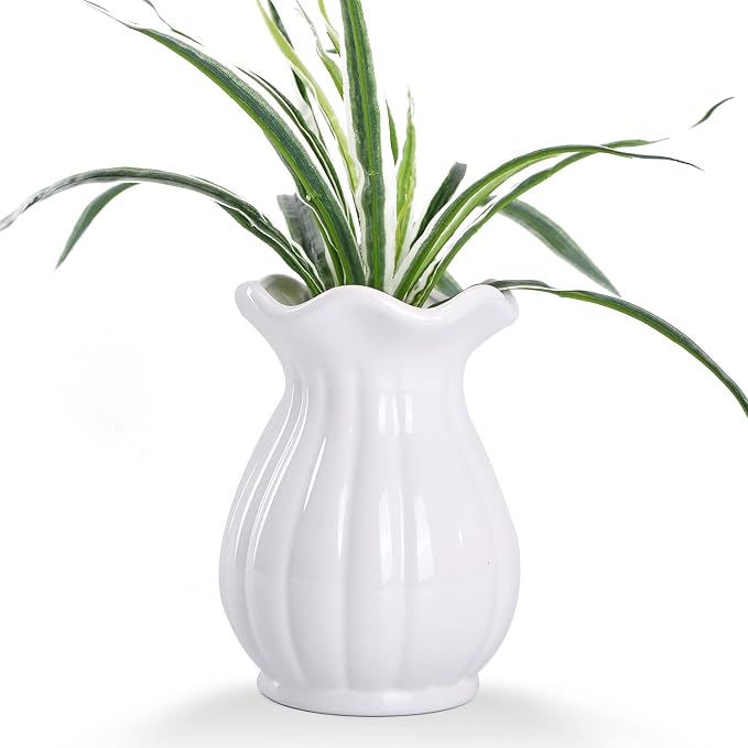 VanEnjoy 6 inch Modern Ribbed Design Small White Ceramic Decorative Tabletop Centerpiece Vase Flower Pot -White Lotus Flower