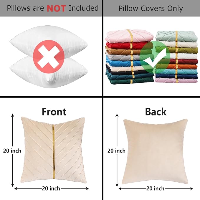 Velvet Throw Pillow Covers 20x20 inch Pack of 2 Gold Decor Cream | Soft Solid Pillow Covers,Modern Luxury Home Decor,for Couch Chair Sofa Bedroom Livingroom,Hidden Zipper,Ideal Gift,Easy Care