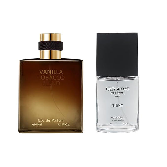 AFLUXE 2PCS Mens Perfume Cologne Long Last Strong EDP Natural Spray Gift Set, with Cocoa, Dried Fruits, Woody Fragrance for Daliy Use, 3.4 Fl Oz / 100 mL Each (Essey Night & Vanilla Tobacco)