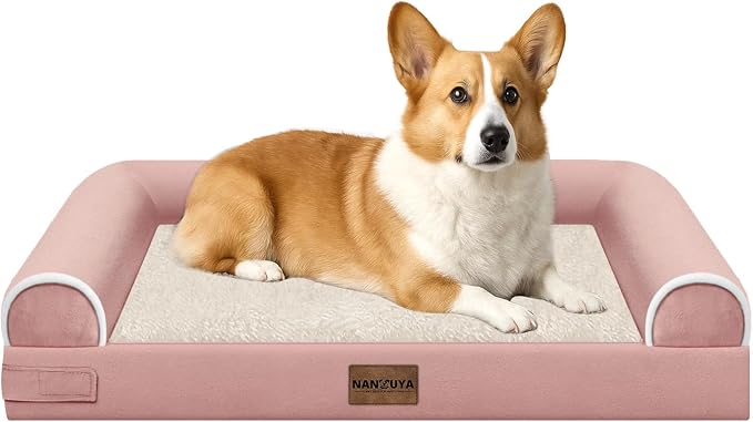 Orthopedic Dog Bed for Medium Dogs, 30 x 20 Inch, Pink | Egg crate foam for joint support, 3-sided bolster pet sofa, waterproof lining, washable cover, and non-skid base