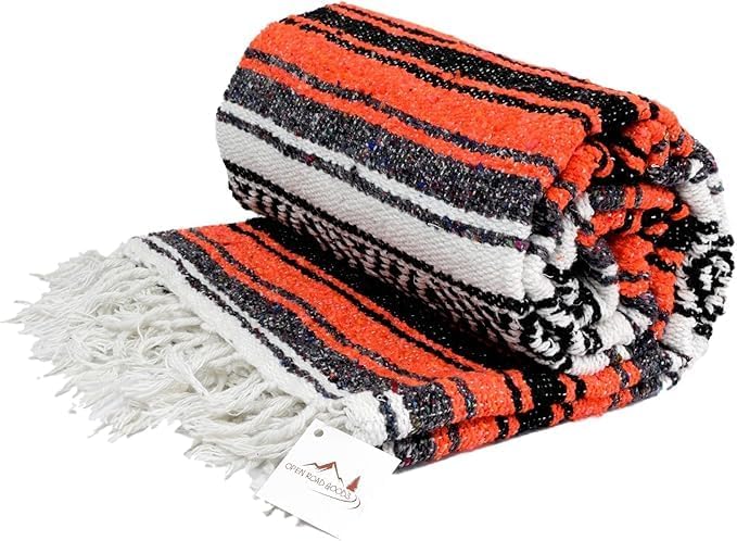 Open Road Goods Bulk Falsa Blankets - Handwoven Authentic Mexican Falsa - Great for Weddings, Yoga, Beach, Picnics, or Mexican Throw! (Orange/Black, 7 Pack)