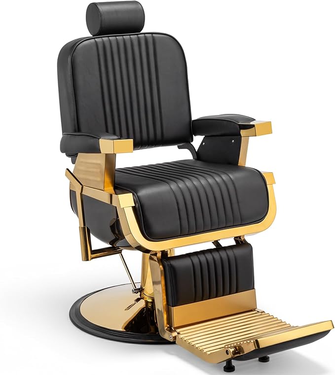 Winado Heavy Duty Vintage Barber Chair, Hydraulic Reclining Salon Chairs for Hair Stylist with Footrest & Headrest, 360° Swivel All Purpose Chair Salon Beauty Spa Shampoo Equipment, Black & Gold