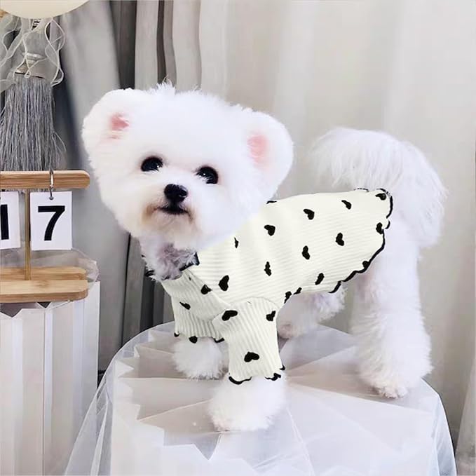 Pet Clothes for Small Dogs Cat Summer Fall Heart Print Shirt Stretchable Ruffle Long Sleeve Outfits for Chihuahua Schnauzer Shih Tzu Yorkie (Beige, Medium)