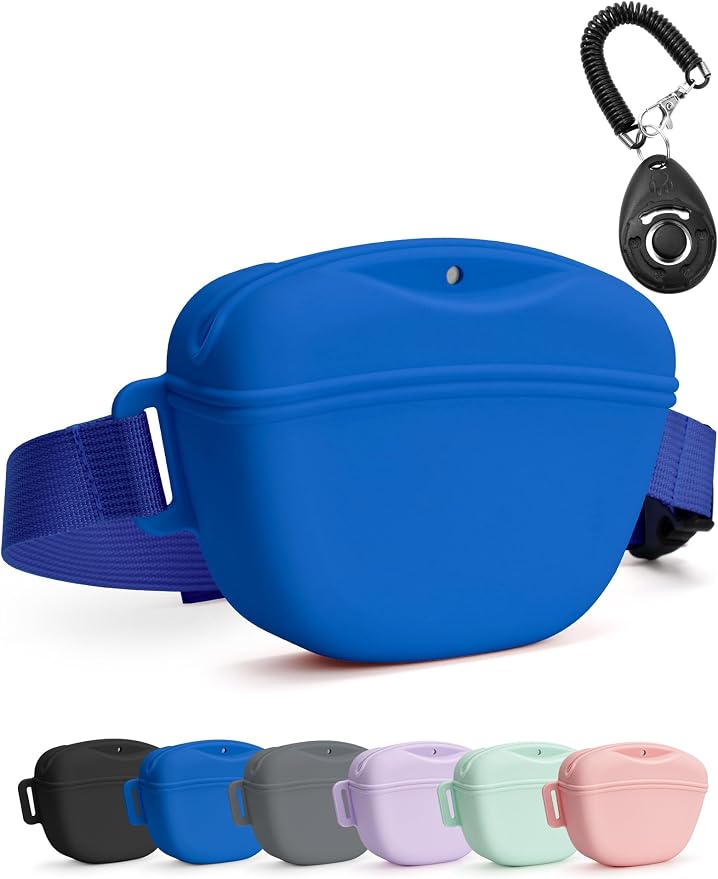 heouvo 1.67 Cup Dog Treat Pouch with Training Clicker (Blue) | Magnetic Closure, Silicone Bag with Waist Belt for Pet Training & Walking, Easy One-hand Treat Access