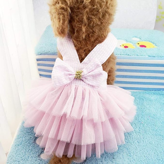 Dog Dresses, Fashion Pet Dog Clothes, Striped Mesh Puppy Dogs Princess Dresses (Pink, Small)
