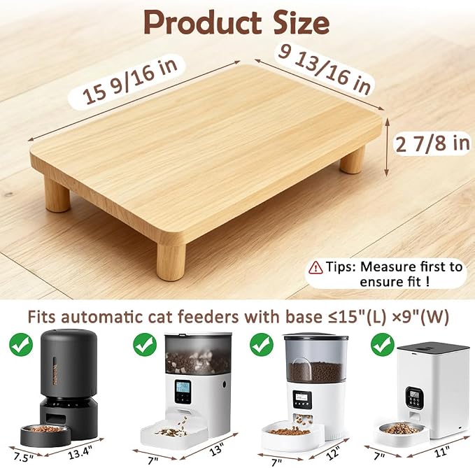 SZEE Cat Food Stand, Elevated Cat Feeder Stand for Automatic Feeder & Bowls | Raises Feeder/Bowl by 3", Relieves Spine and Joints Noticeably on Pets ( Large & Solid Pine Wood)