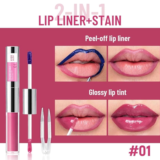 2-in-1 Dark Raspberry Lip Stain Peel Off & Hydrating Plumping Lip Oil with Tweezer, of Women Long Lasting Waterproof Peel Off Lip liner Tattoo, Highly Pigmented for All Skin Types 01#