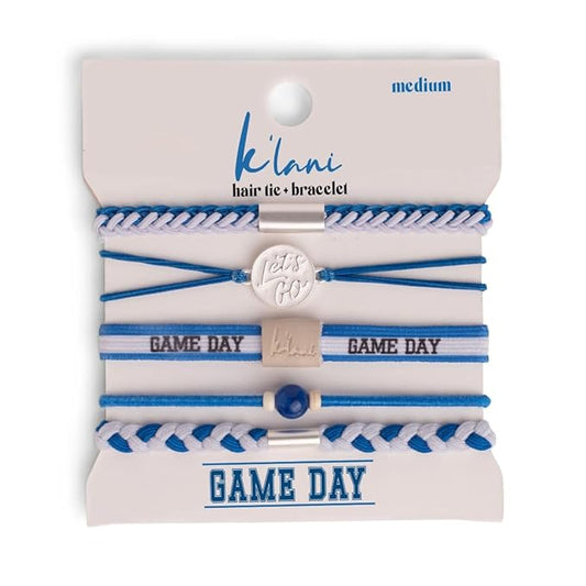 K'lani Game Day Hair Tie Bracelets – 5-Pack Stretchy No-Crease Hair Ties & Stylish Bracelets – Team Color Accessory for Hair or Wrist - Blue & White, Large