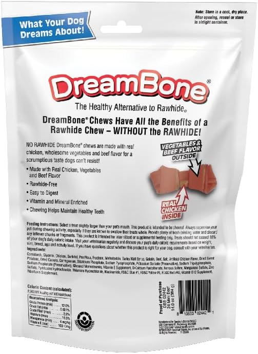DreamBone Mini Bones Beef Rawhide-Free Dog Treats With Real Protein, 24 Ct | Daily Chew, Digests Safely and Completely, Made With Real Chicken, Veggies & Beef, For Adult Dogs