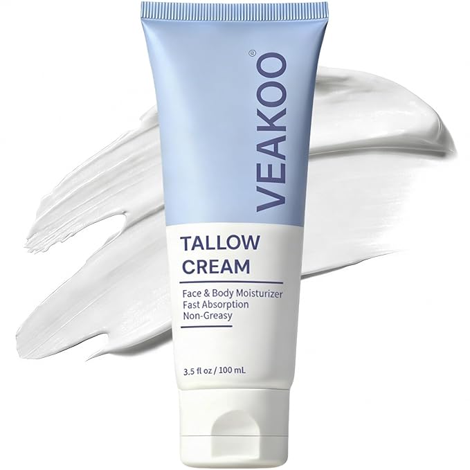 Veakoo Beef Tallow for Skin, Whipped Beef Tallow Cream, Unscented Face Moisturizer in Tube, Organic Grass Fed Tallow and Honey Balm for Nourishing Dry, Oily, Combination, and Normal Skin