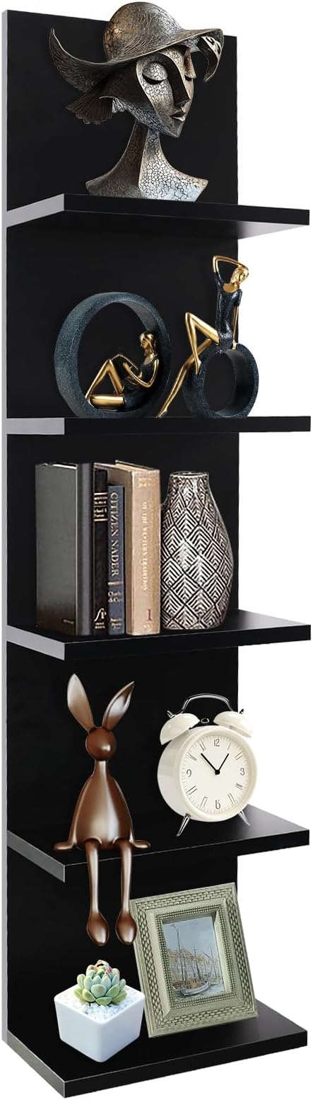 5 Tier Wall Shelf, Wall Mounted Shelves Unit for Living Room Bedroom, Floating Shelves Decor Organizer Tall, Black