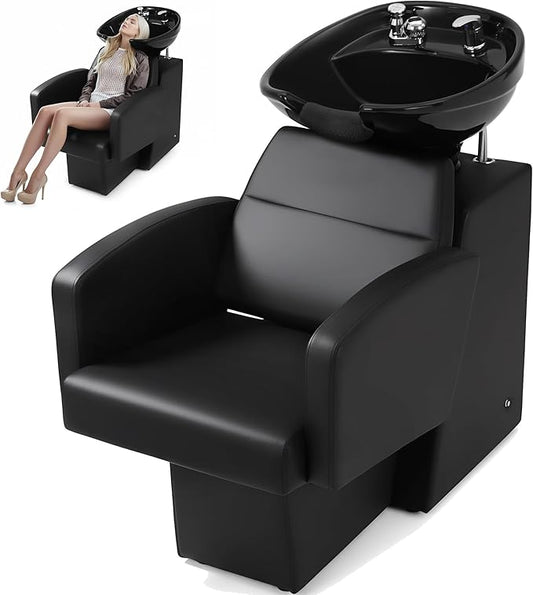 Salon Shampoo Bowl and Chair Set, Shampoo Barber Backwash Chair, Adjustable Splash-Proof Ceramic Bowl Hair Washing Station for Spa Beauty Salon