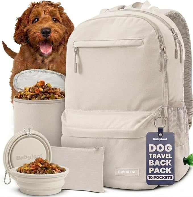 Rubyloo Dog Travel Backpack for Supplies - Dog Diaper Bag with Travel Bowls