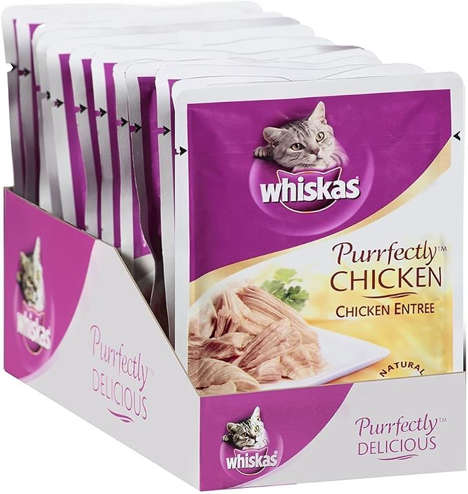 Whiskas Purrfectly Chicken Wet Cat Food Pouches, 3 oz, 24 count | Real chicken in natural juices, natural ingredients, flake texture, nutritionally complete for adult cats, Flavor-Lock Pouch
