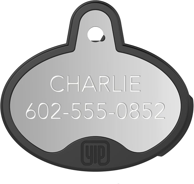 YIP Smart Tag ID & Custom Engraved Dogs Tracker - Compatible with Samsung Galaxy (No GPS Subscription Or Monthly Fee) Pets Collar Location Oval Silver