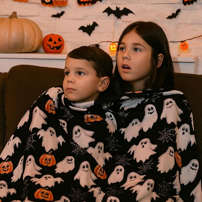 Halloween Cute Fleece Throw Blanket, Jack-O-Lanterns, Ghosts & Webs, 50x70 | Ultra-soft cozy flannel fleece, for sofa couch bed chair & dorms, spooky Halloween décor, durable and machine washable.