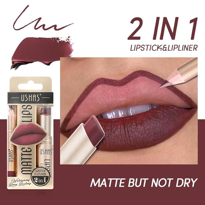 USHAS 2 in 1 Waterproof Lipstick and Lip Liner Combo Set - Long Lasting Matte Lipstick Pen with Lip Liner Set Makeup Kit (G1, Pack of 1)