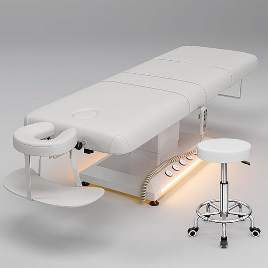 Icoget Professional Full Electric Spa Massage Treatment Table, Medical Bed with Independent Leg Adjustment, Facial Bed with Face Cradle for Beauty, White