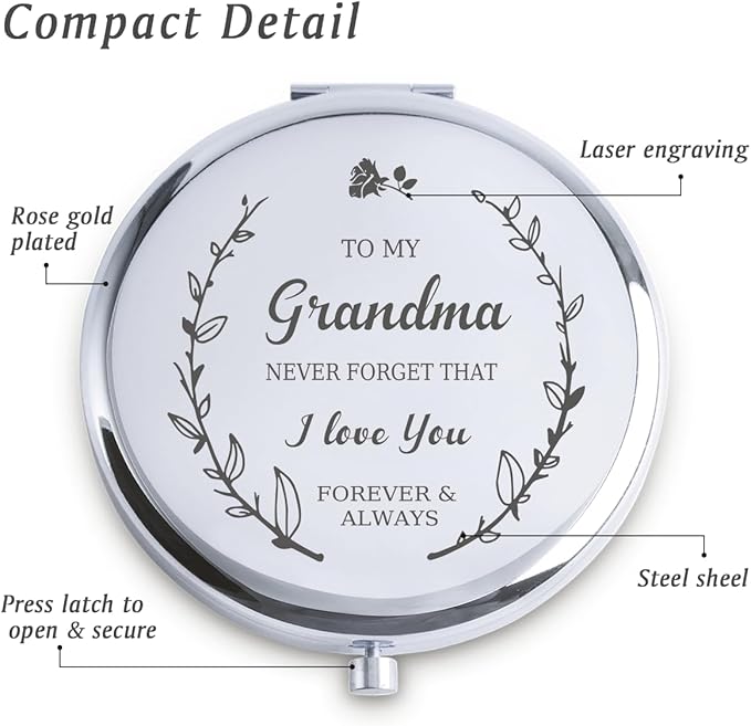 Grandma Gifts from Granddaughter Grandson, Personalized Gift for Grandma Grandmother, Custom Compact Mirror, Goodie Bag & Basket Stuffers for Valentines Day, Mothers Day, Birthday, Wedding
