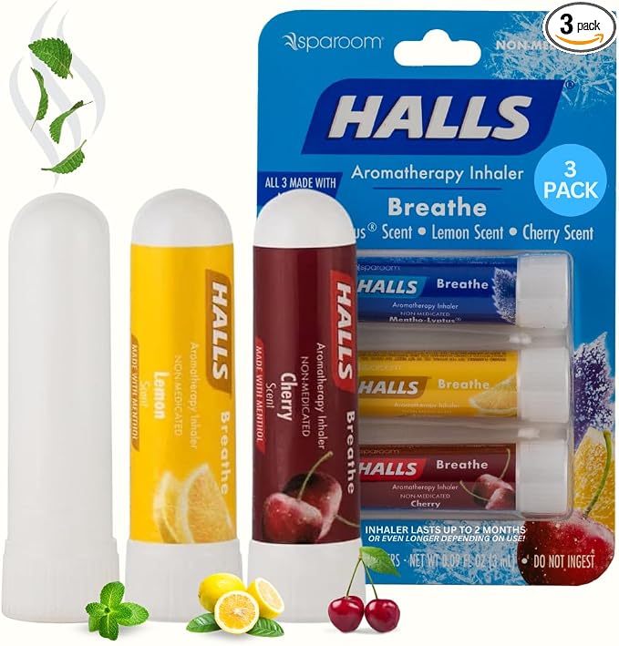 SpaRoom Halls Nausea Relief Nasal Stick – Breathe 3-Pack with Cherry, Lemon & Mentho-Lyptus, Aromatherapy Inhalers with Essential Oils for Sinus Relief, Stress, and Craving Support