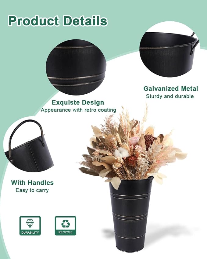12 Inch Galvanized Metal Vase, 6 Pack Tall Flower Buckets with Handles | Galvanized metal flower buckets with handles, rustic tall vase design for dried flowers, weddings, farmhouse and home decor.