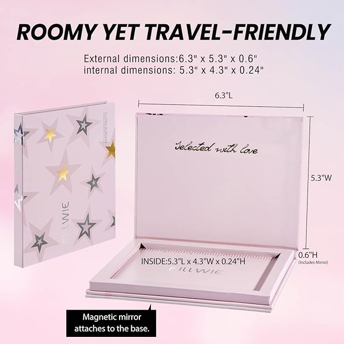 Magnetic Empty Makeup Palette with Mirror – Customizable Refillable Case for Eyeshadow, Blush, Lipstick, Highlighter – Lightweight, Waterproof, with Spatula & 20 Metal Stickers (Pink, Medium)