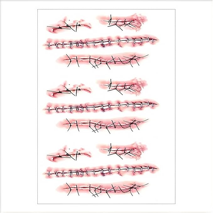 Horror Realistic Fake Bloody Wound Stitch Scar Scab Waterproof Temporary Tattoo Sticker Halloween Masquerade Prank Makeup Props (5 Sheets Stitching Tattoo)