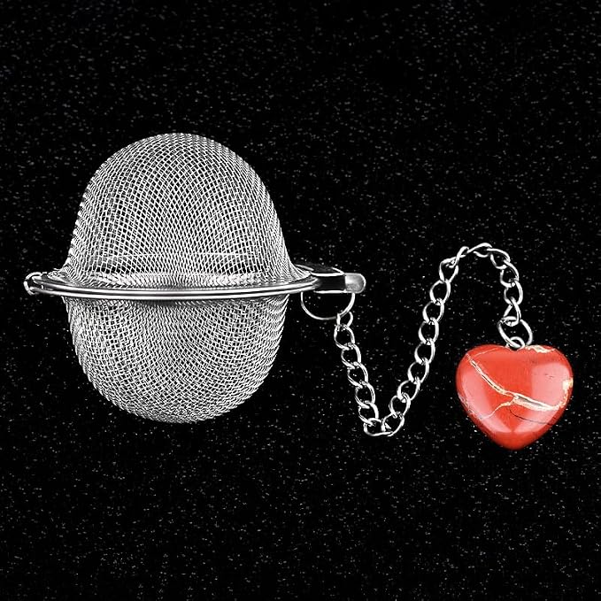 5 Pcs Stainless Steel Tea Ball Infusers with Heart Natural Crystal Charms, Fine Mesh Tea Strainers with Extension Chain & Hook for Loose Leaf Tea, Spices, Seasonings